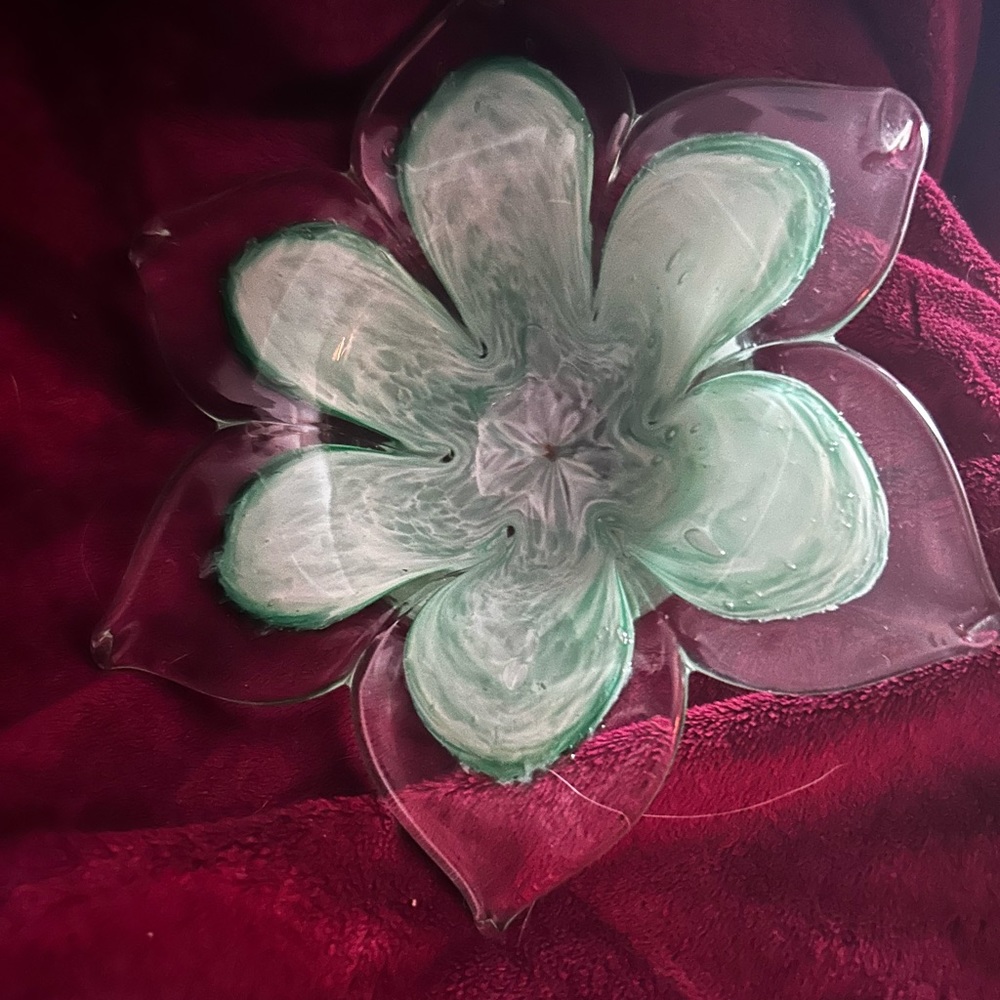 Teal Blue with clear Art Glass Flower shape Candle Holder